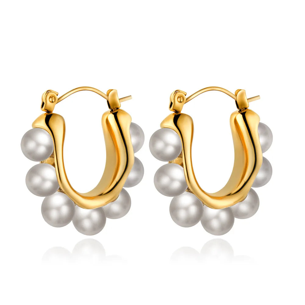 High End Fashion Elegant Gold Plated Pearl U Shaped Round Clip on Earrings Waterproof Stainless Steel Circle Hoop Earrings
