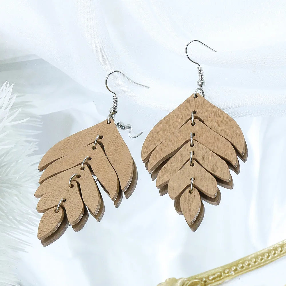Natural Fashion Wooden Bohemia Anniversary Handmade Personalized Wood Carved Geometric Simple Leaf-shaped Charm Unisex Earrings