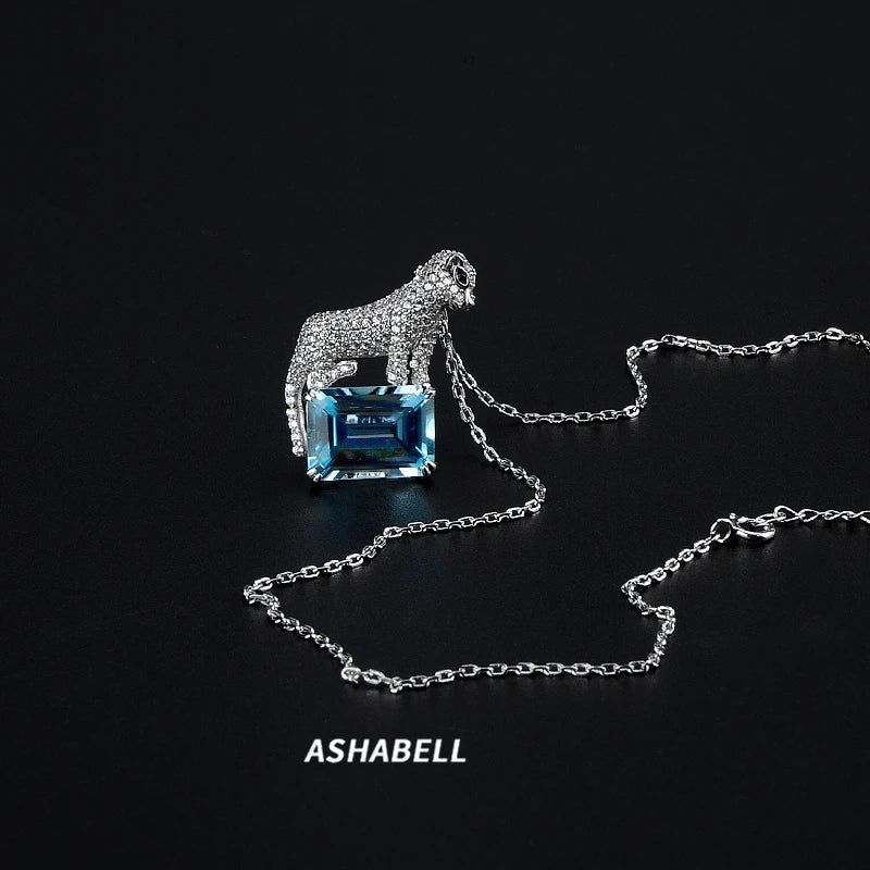 New Arrival Hot Sale S925 Sterling Silver Snow Leopard Inlay Natural Blue Topaz Fashion Pendant Necklace