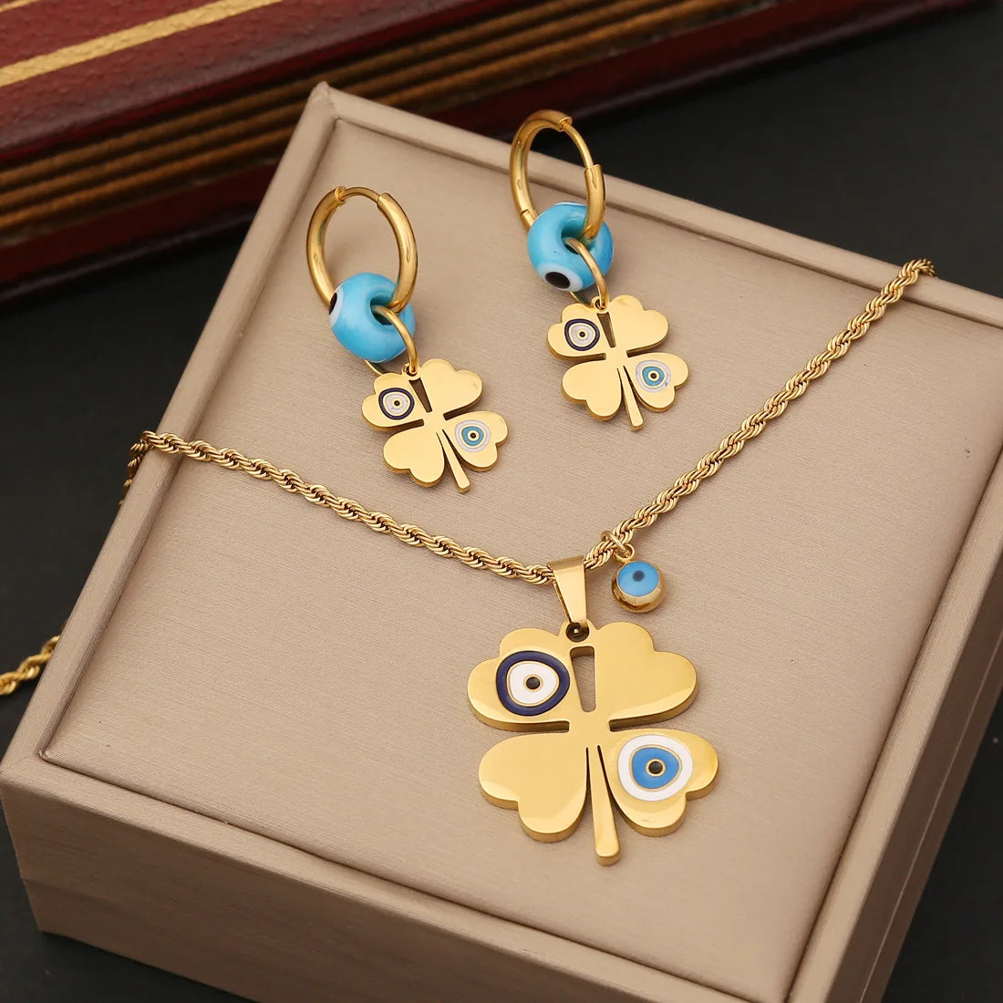 High Quality 18K Gold Stainless Steel Jewelry Set Fashion Flower Unique Eye Necklace Bracelet Earring Set Women N1066