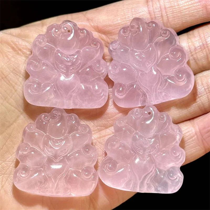 Rose Quartz Nine Tail Fox Carving Animal Crystal Folk Crafts  Fox for Healing