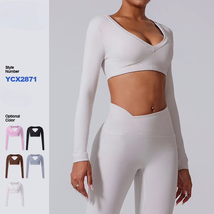 Fall Women Crop Top Long Sleeve Padded Backless Sports Yoga Shirt Workout Sport Top