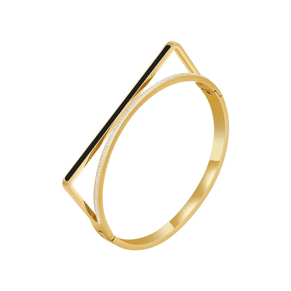 Hypoallergenic 18K Gold Plated Stainless Steel Black Enamel CZ Stone Dual Band Bangle for Women Fashion Jewelry B232378