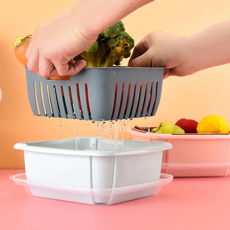 New Creative Multifunctional Double-drain Basket With Lid Kitchen Refrigerator Storage Box Plastic Fruit Storage Basket