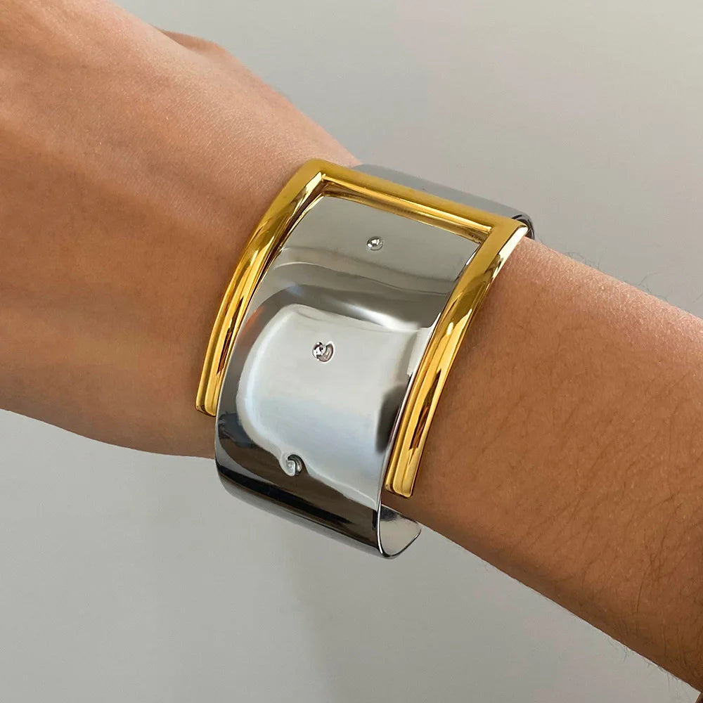 Fashion Modern Minimalist 18K Gold Bracelet Stainless Steel Gold Silver Two-Tone Belt Buckle Open Cuff Bracelets for Women