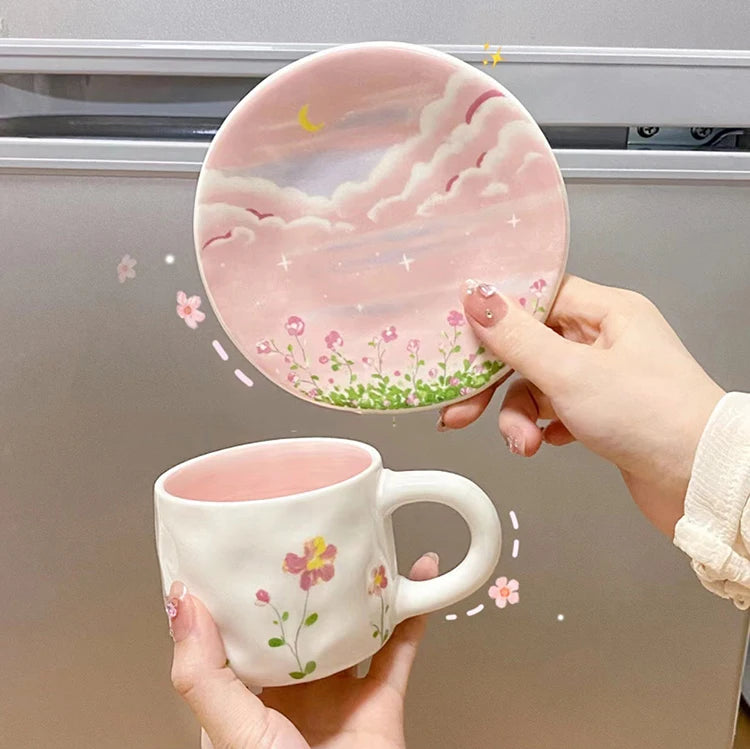 Wholesale Ceramic Coffee Cup and Saucer Set Fresh Style Spring Cartoon Afternoon Tea Mug Dish for Enjoying Your Tea & Coffee