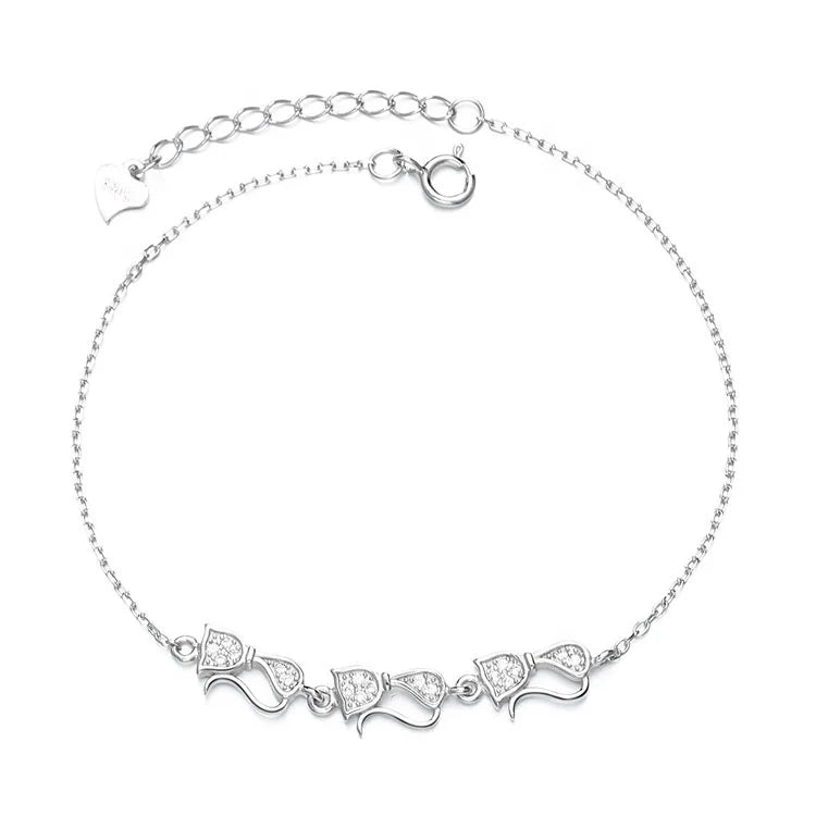 Cute Kitty Charm Bracelet Jewelry in Sterling Silver 925 Animal Thin Chain Bracelet for Women