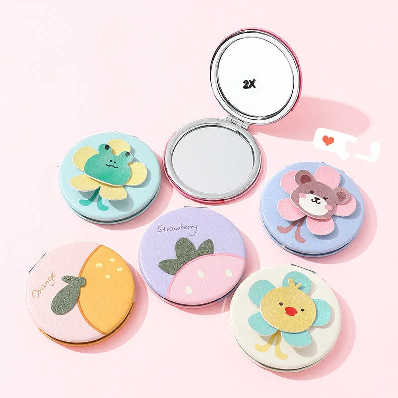YUE New Trumpet Cartoon Fruit PU Portable Small Mirror Daily Makeup Makeup Mirror Cute Girls Round Makeup Sweet Handheld Mirror