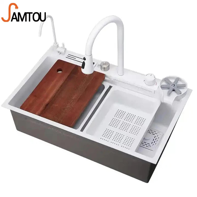 SAMTOU White Kitchen Sink Glass Rinser Smart Multifunction Black Modern Kitchen Sink Stainless Steel Waterfall Kitchen Sink