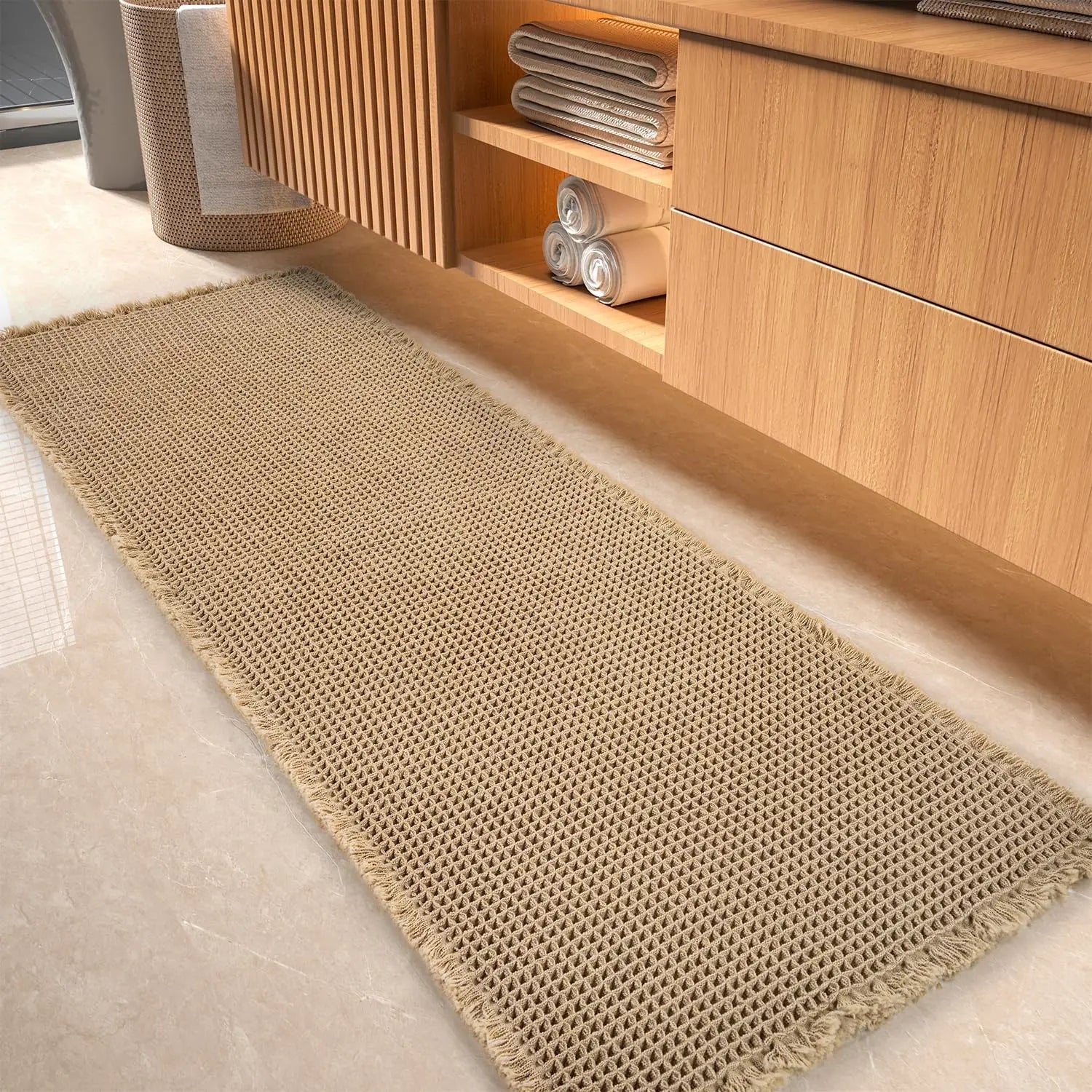 Eco-friendly Waffle Bath Mat Super Absorbent Non-Slip Bath Mats for Bathroom Floor Machine Washable Bathroom Rugs With Tassels