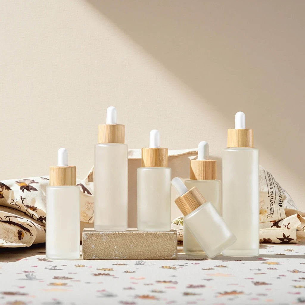 100ml clear Frosted Serum Glass Lotion Bottle with Bamboo Dropper for Cosmetic Packing