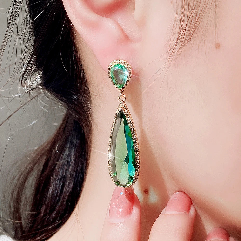 CAOSHI Long Water Drop Vintage Earrings Purple Green Crystal Dangle Women Pendant Earrings Gold Plated ODM OEM