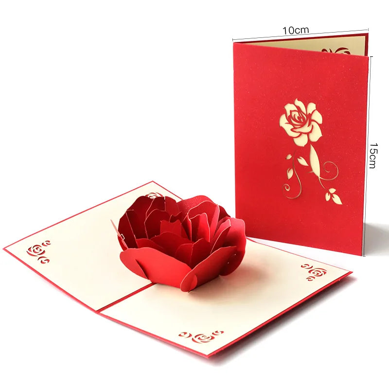Paper Craft Personalized Custom Red Rose Flower Greeting Cards for Valentine Day 3D Pop up Cards