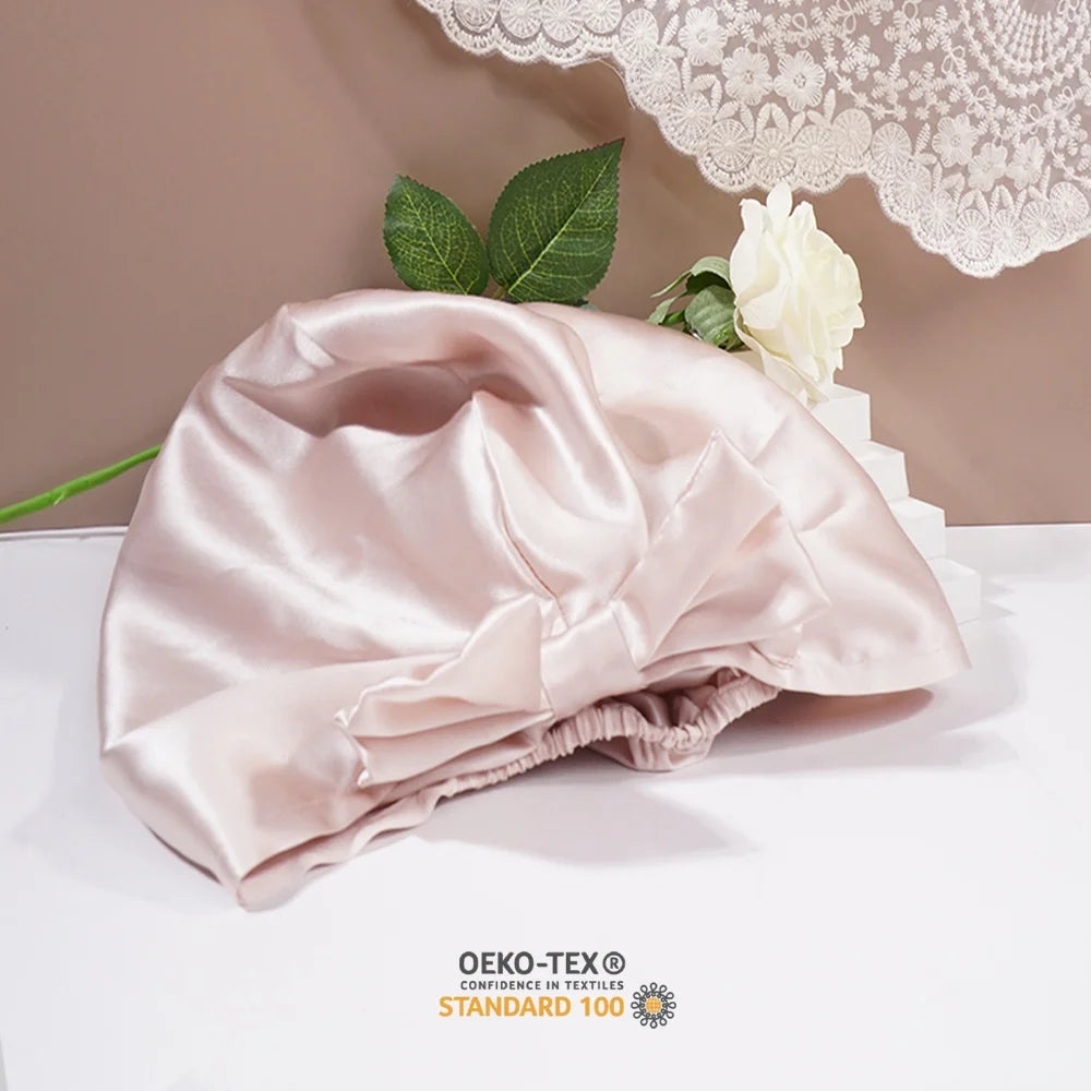 Customizable Wholesale 6A Grade 100% Pure Mulberry Silk Special Bow Design Cap Soft Comfortable Hair Bonnet Sleep Turban