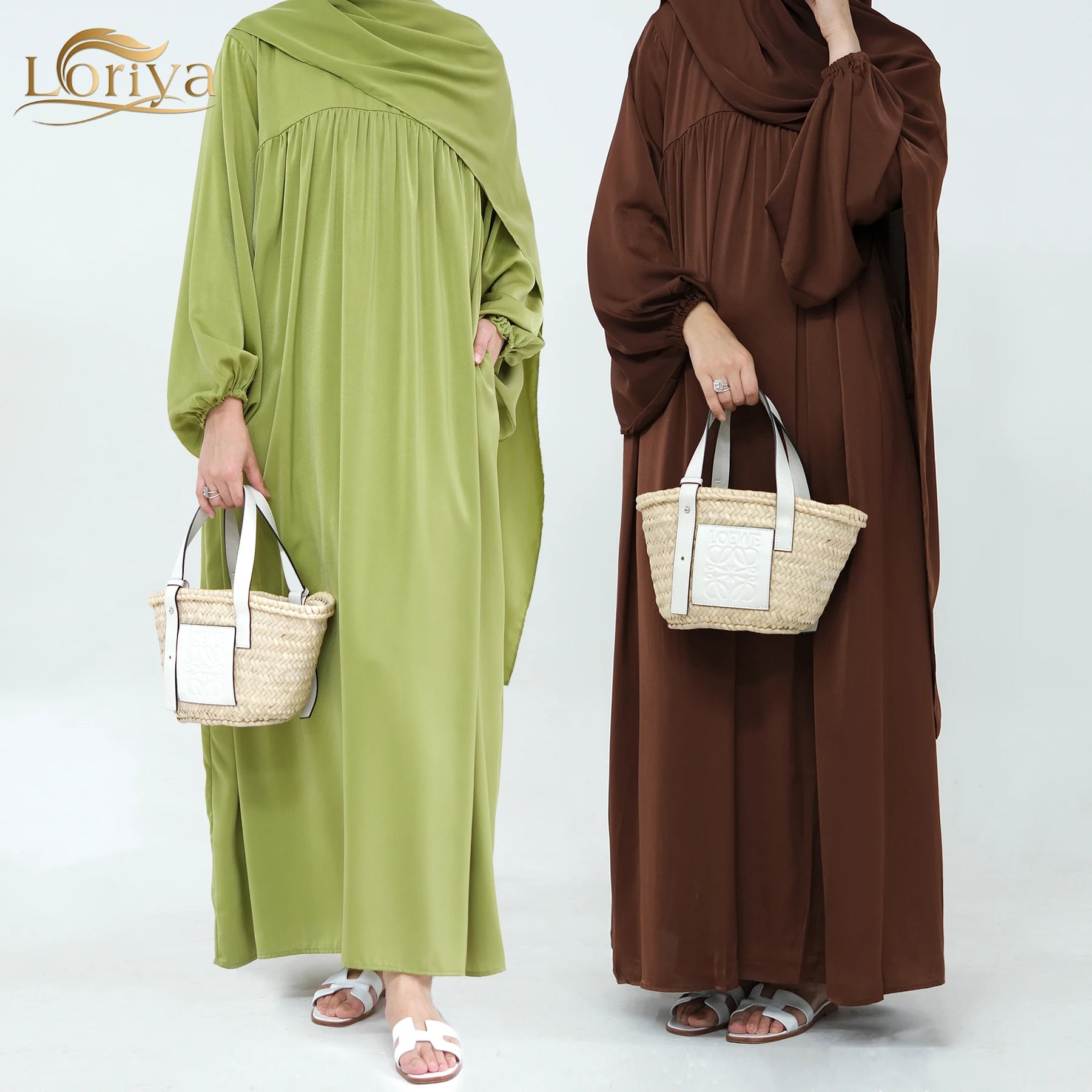 Loriya 2023 Islamic Clothing 2pc Set Satin Girls Plain Modest Abaya Muslim Hijab Dress Women Abaya Dubai Casual Dresses