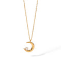Korean Design Stainless Steel 18K Gold Plated Single Moon Necklace for Women Crystal Cubic Zircon No Fading Pearl Diamond Chains