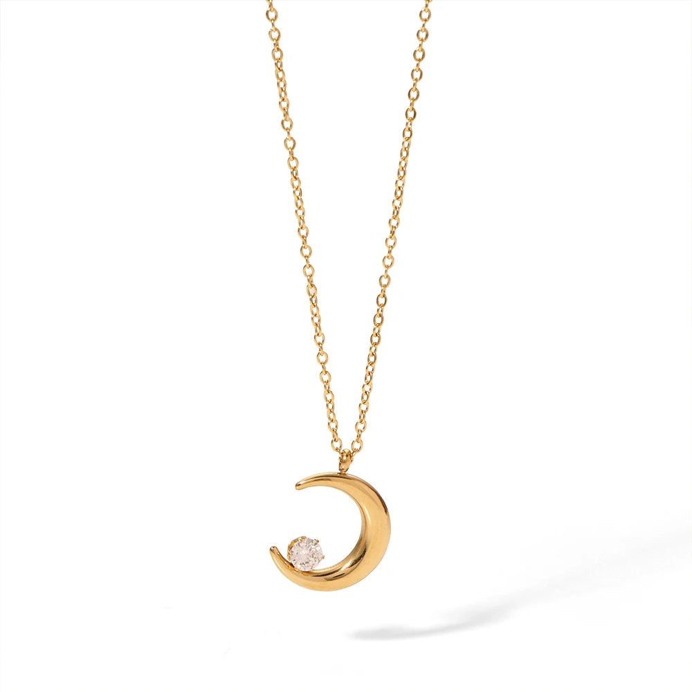 Korean Design Stainless Steel 18K Gold Plated Single Moon Necklace for Women Crystal Cubic Zircon No Fading Pearl Diamond Chains