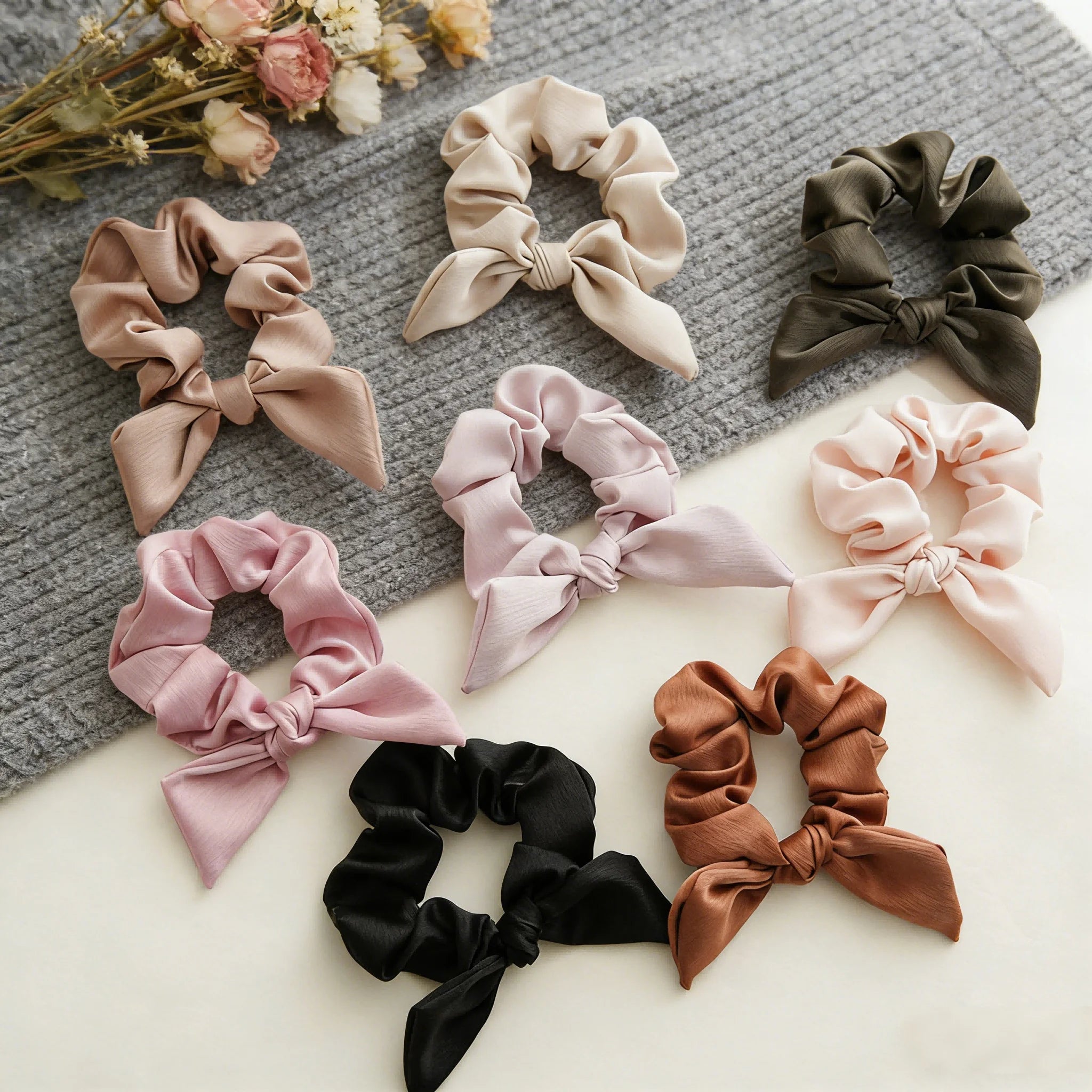 Fashion Pure Color Satin Fabric Bow Girls Hairband Rabbit Ears Bowknot Elastic Scrunchies for Women Girls