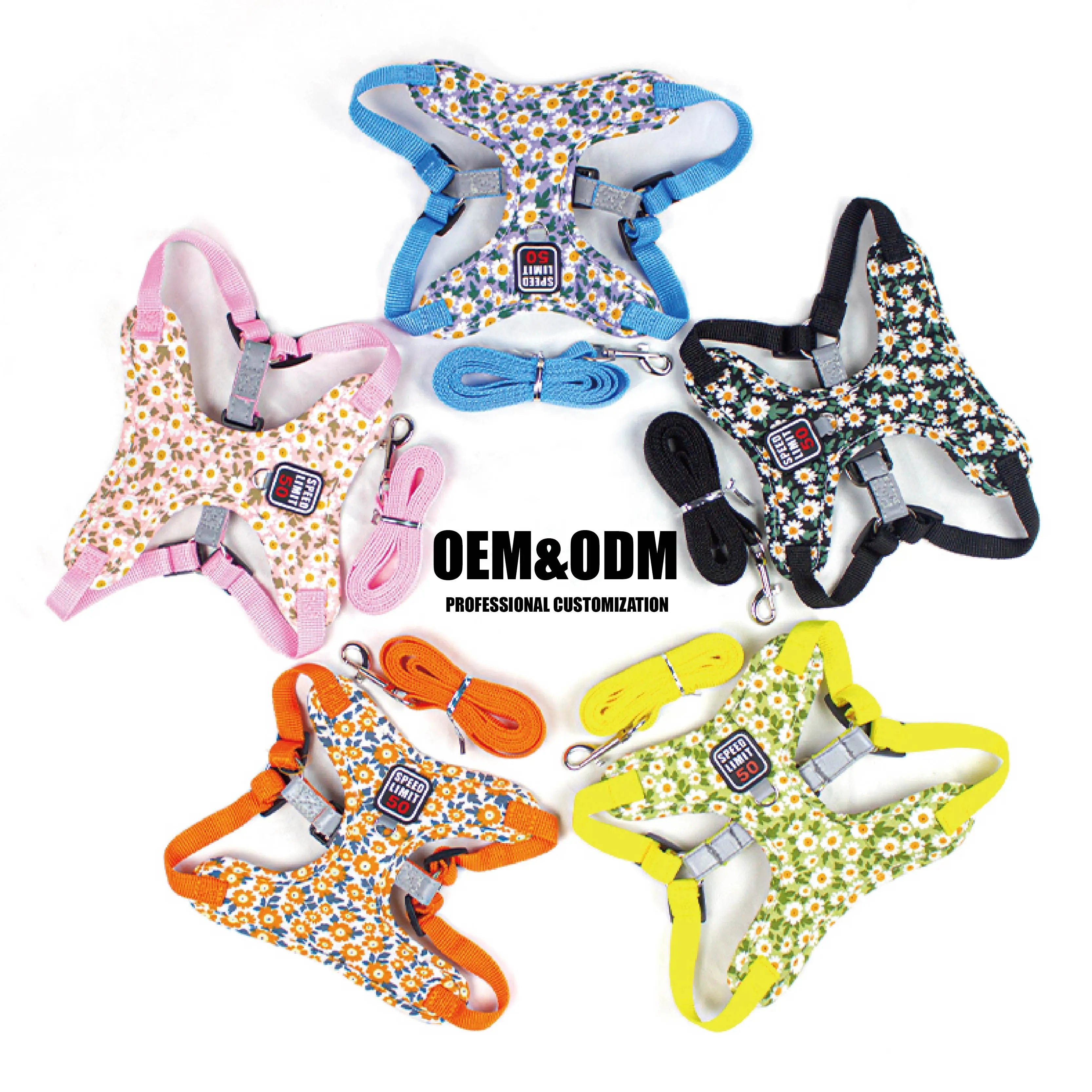 Personalized Logo Small Pet Harness Cute Daisy Printing Cotton Nylon Webbing Puppy Dog Harness