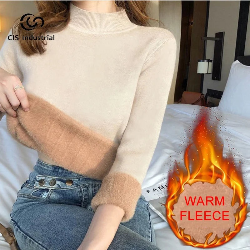 Women's Casual Winter Turtleneck Sweater Warm Fleece Lined Slim Basic Knitwear Jumper Tops Fashion Velvet Pullovers