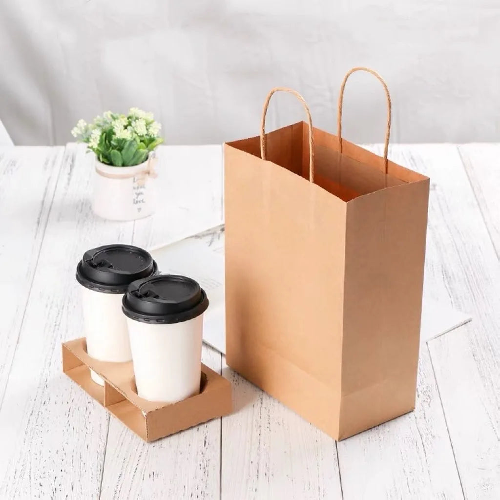 Custom Bulk Cafes Recycled 4 Sides Kraft Paper Gift Shopping Bags Carry Craft Coffee Brown Bag With Handles