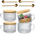 Hot Cold Latte Cereal Yogurt Beverage 14Oz Dot Sunflower Clear Vintage Embossed Tea Coffee Mugs Cups With Spoon and Wooden Lid