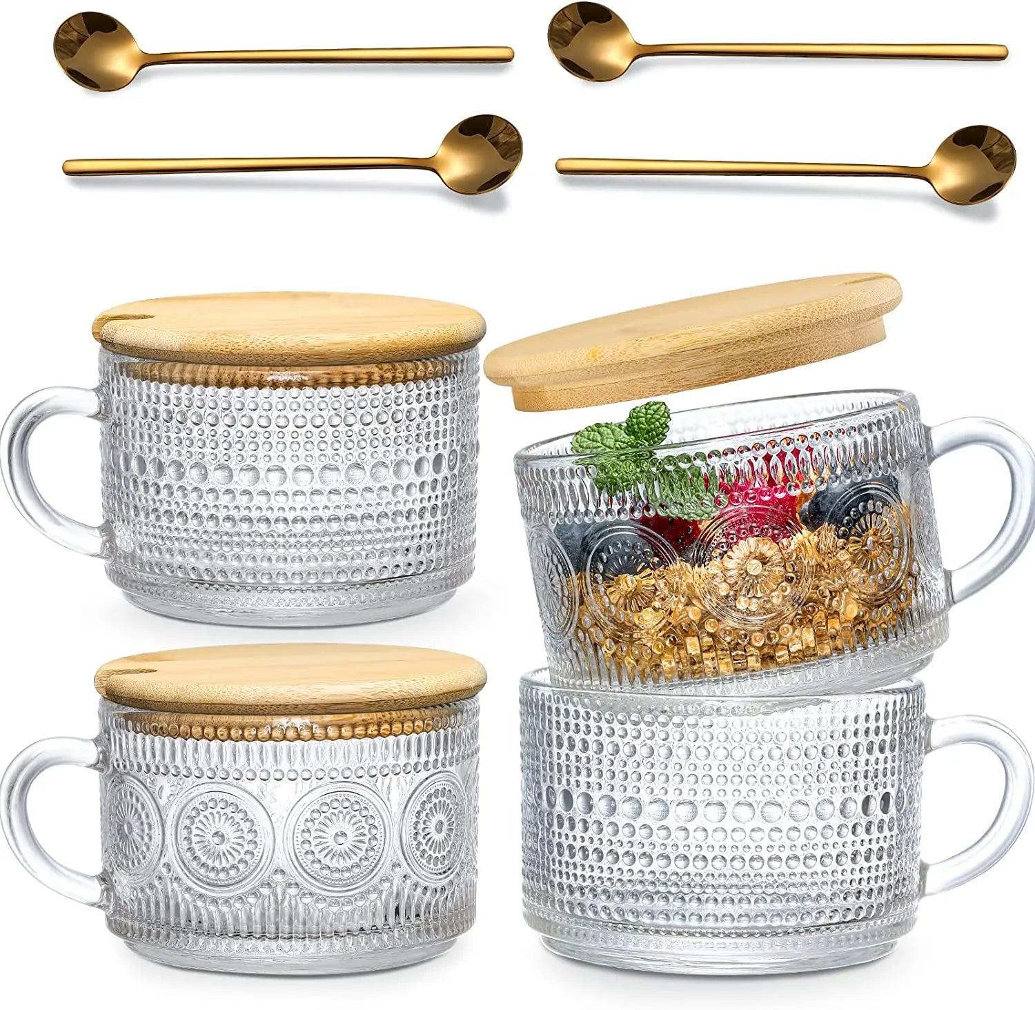 Hot Cold Latte Cereal Yogurt Beverage 14Oz Dot Sunflower Clear Vintage Embossed Tea Coffee Mugs Cups With Spoon and Wooden Lid