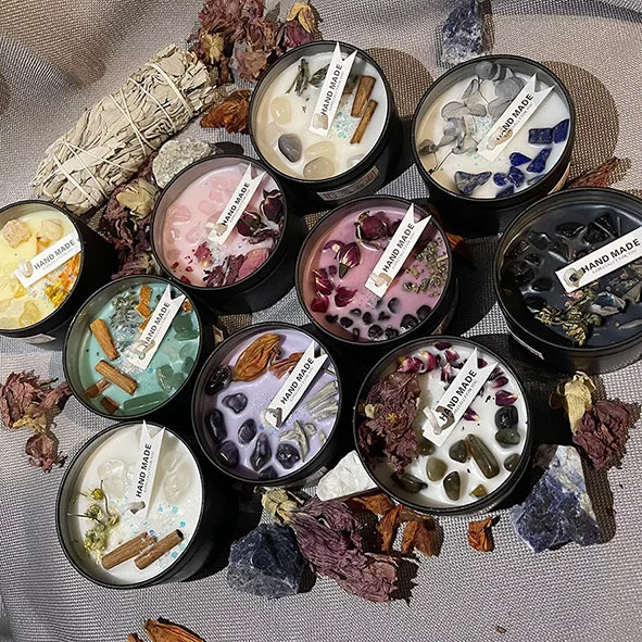 High Quality Custom Dried Flower Crystal Tin Handmade Soy Wax Smokeless Scented Candle Aromatherapy Gift Box for Diwali and Bars