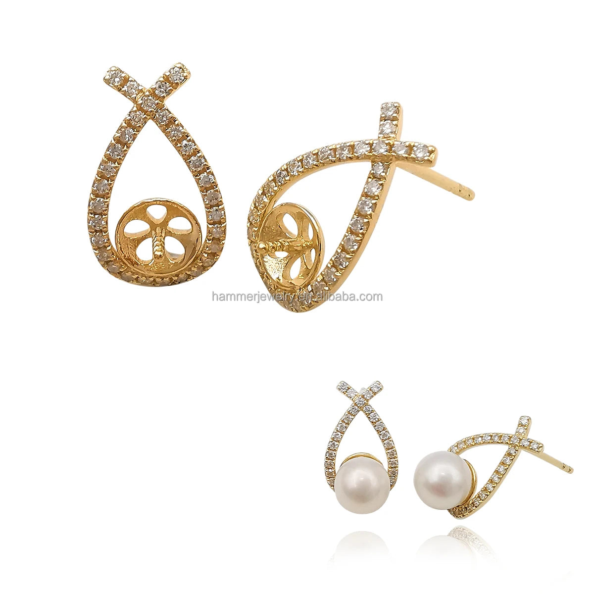 Classic 14k Soild Gold Diamonds Stud Earring Mountings Pearl Round GEM Stone Accessory Jewelry Findings