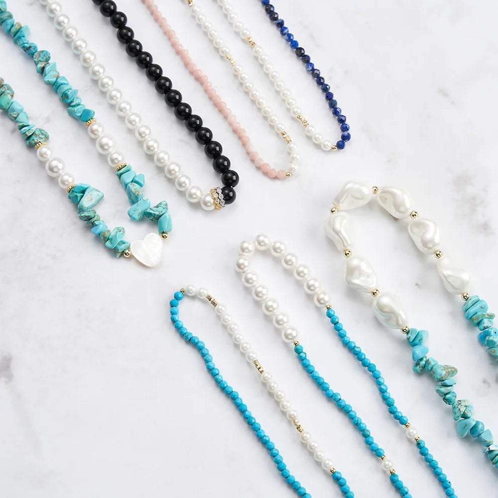 RINNTIN GMN Bohemian Natural Stone Turquoise Pearl Beaded Choker Necklace Boho Obsidian Lapis Lazuli Opal Beads Necklace