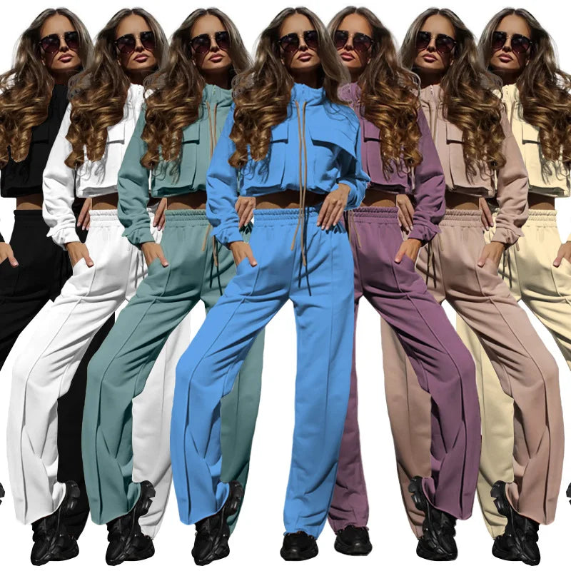 Y211284 Custom LOGO Tracksuit Long Sleeve Zipper Drawstring Top + Pants Set Winter Outfits for Women Streetwear With Pocket