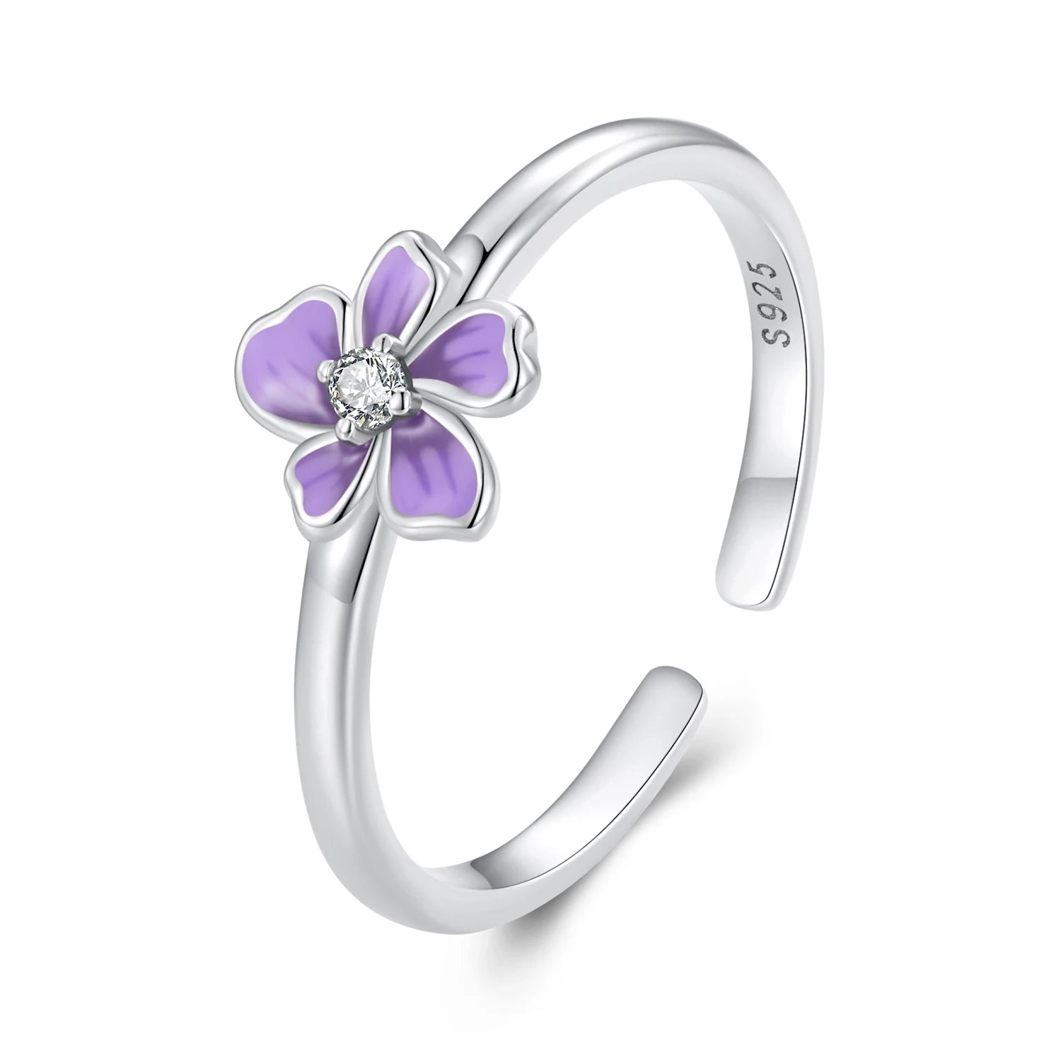 925 Sterling Silver Purple Enamel Flower Open Ring Size 5-9 Eternity Band Plated Platinum for Women Party Fine Jewelry SCR976-E