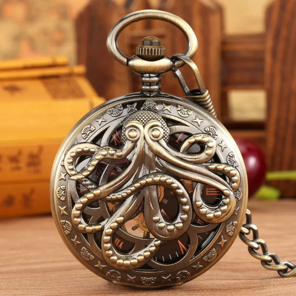 Luxury Octopus Mechanical Pocket Watch with Chain Hollow Design Vintage Hand-Winding Skeleton Locket Watch for Men Retro Gift