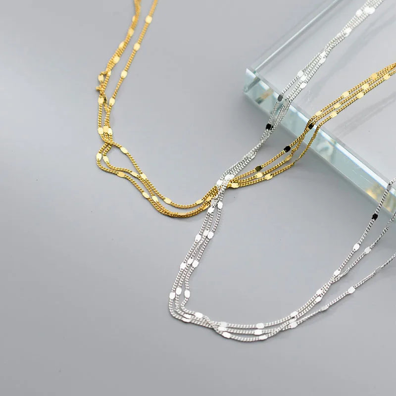 Fashion Simle Link Three-Layer Disc Chains Necklaces for Lady 100% Real 925 Sterling Silver Jewelry