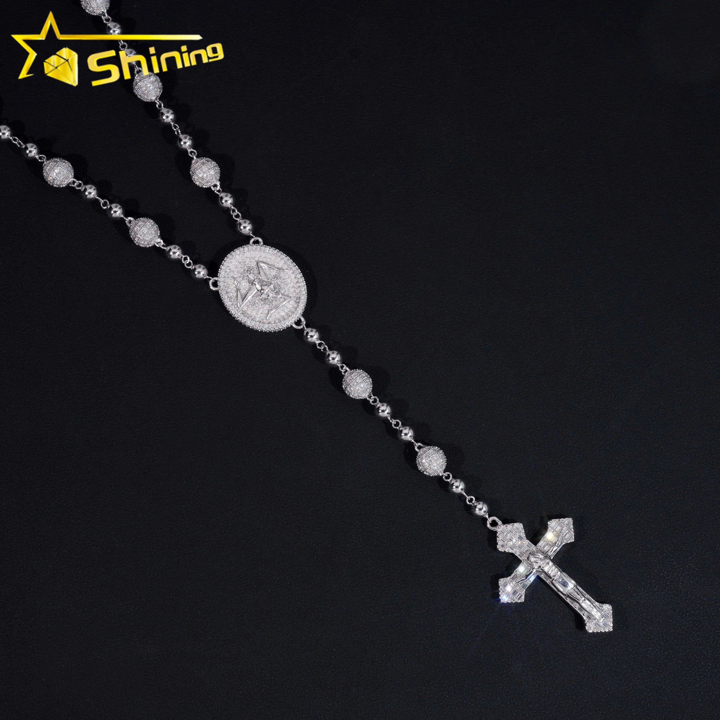 Custom Logo Hip Hop Jewelry 925 Silver Fashion 8MM Iced Out Bead Ball Diamond Moissanite Cross Charms Necklace