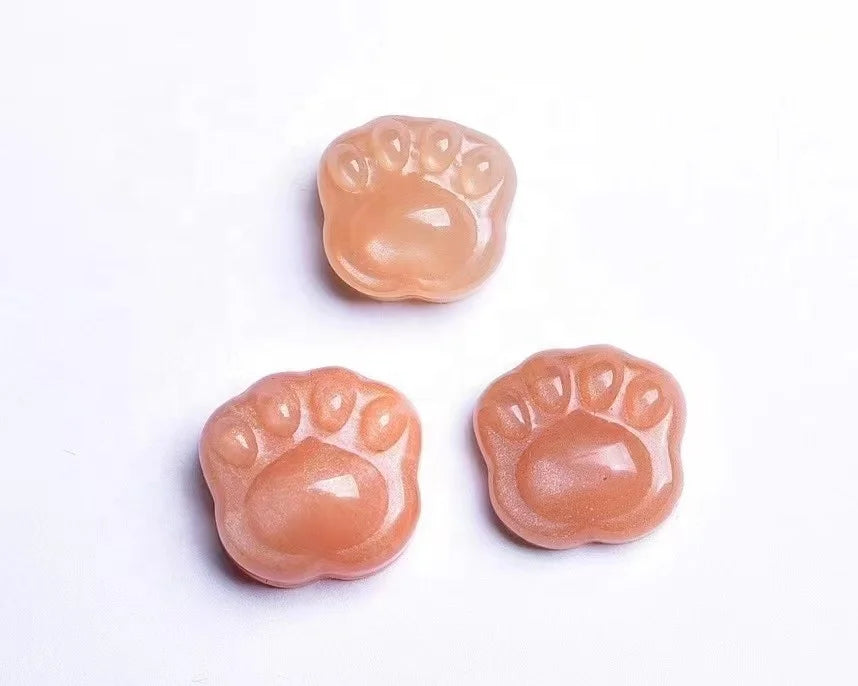 Hand Made Jewelry Accesory  Healing Crystal Cartoon Animal Figurine Carvings Peach Moonstone Sunstone Cat Paw