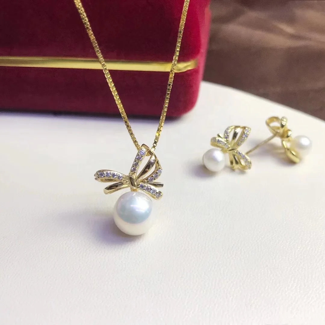 JW064 6-9mm  DIY Natural Real Freshwater Pearl Set Charm  Accessories 925 Sterling Silver  Gold Plated Jewelry Set for Women