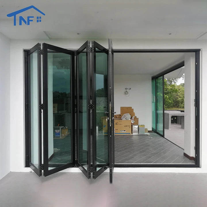 Aluminum Alloy Modern Hotel Exterior Bi-fold Frameless Glass Double Panel Doors Thermal Insulation Fiberglass CE Certified