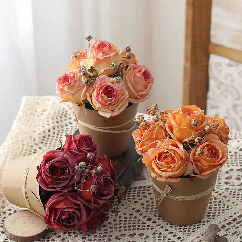 Factory Wholesale Paper Pot Artificial Rose Flower Arrangement For Home Wedding Party Decor Valentine's Day gift