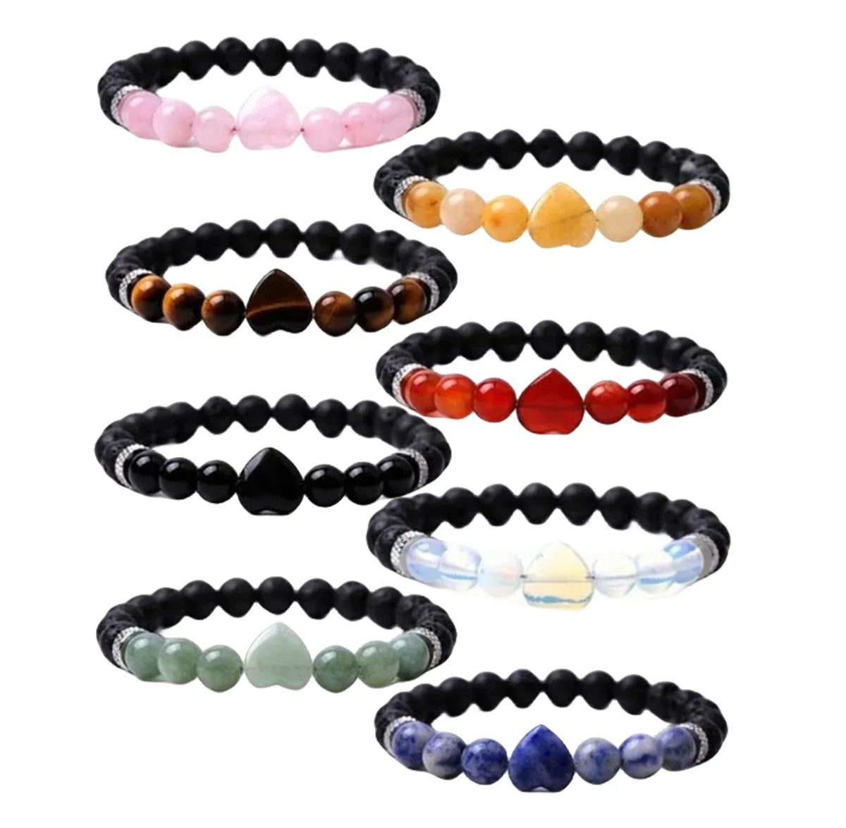 Handmade Natural Lava Stone Rose Quartz Carnelian Tiger Eye Heart Bracelet for Men Women Elastic Gemstone Bracelets for Gift