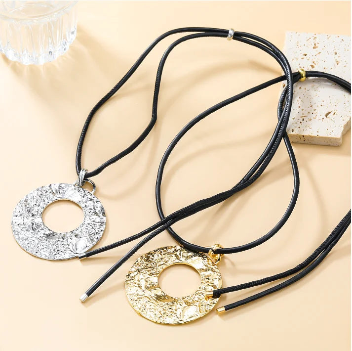 Trend Alloy Geometric Circle Pendant Long Leather Chain Women Adjustable Wax Rope Denim Choker Necklace