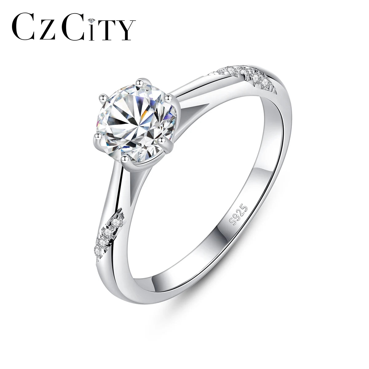 CZCITY Female Wedding Bridal Jewelry S925 Silver Sterling Rings Round Moissanite Jewelry Ring for Women One Carat