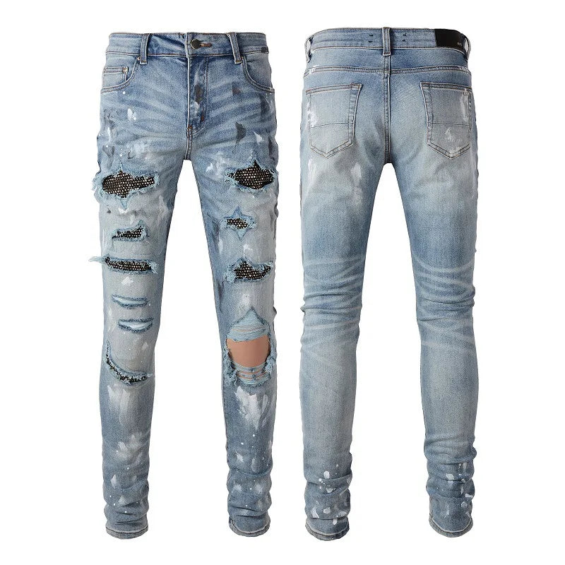 Fitspi Wholesale Denim Jeans Ripped High Street Fashion Patch Stretch Trousers