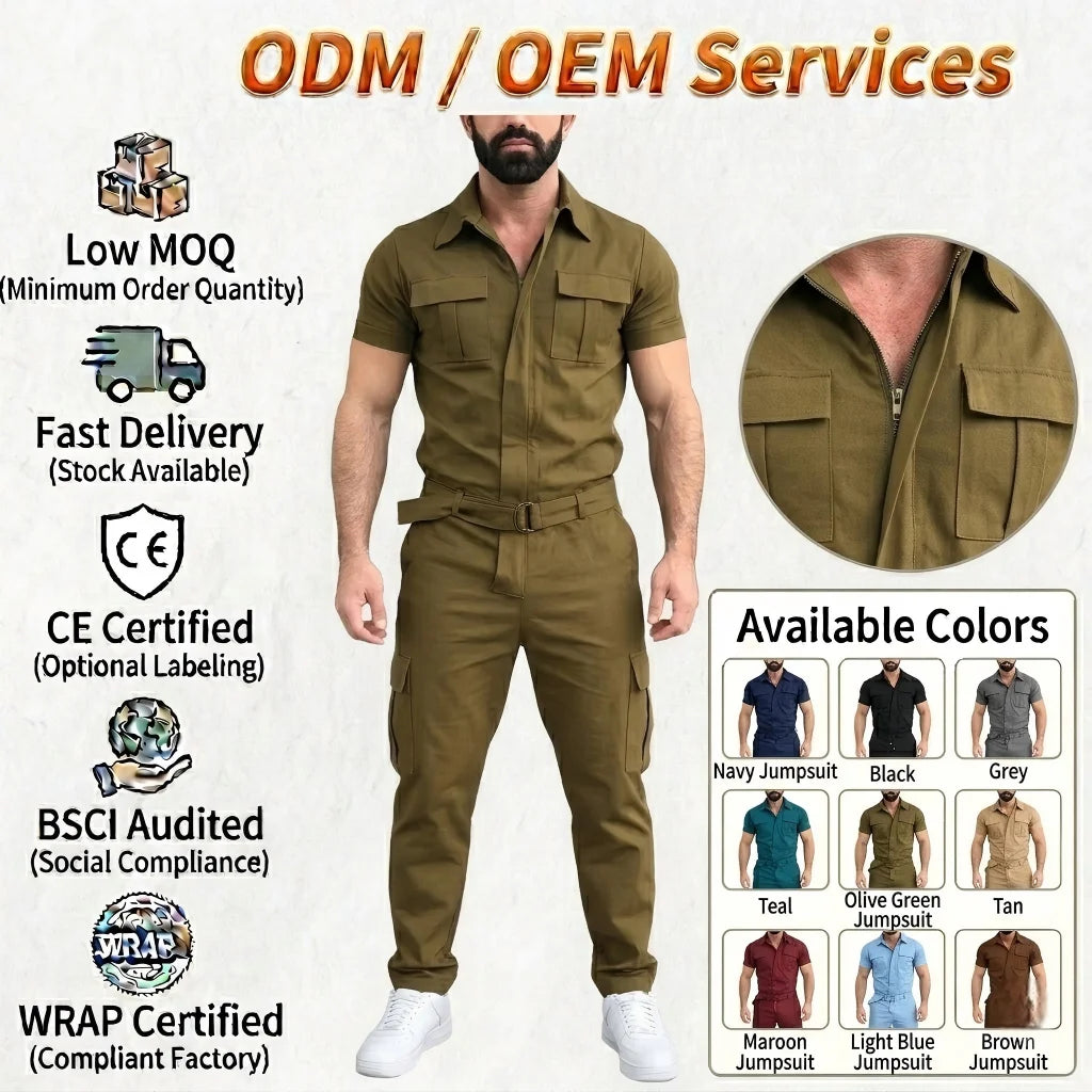 Cargo Jumpsuit Custom Logo Solid Color Workout Zipper Tracksuit Hot Sale Sports Casual Men One Piece Men's Set