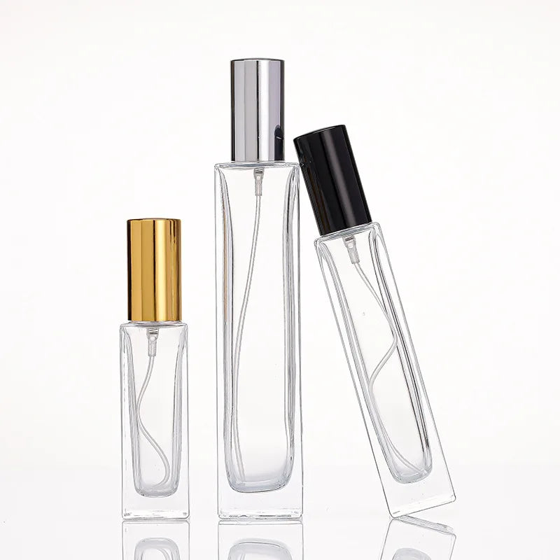 30ml Flat Square Clear Glass Perfume Bottles with Aluminum Cap Pump Sprayer Screen Printed Refillable Decants