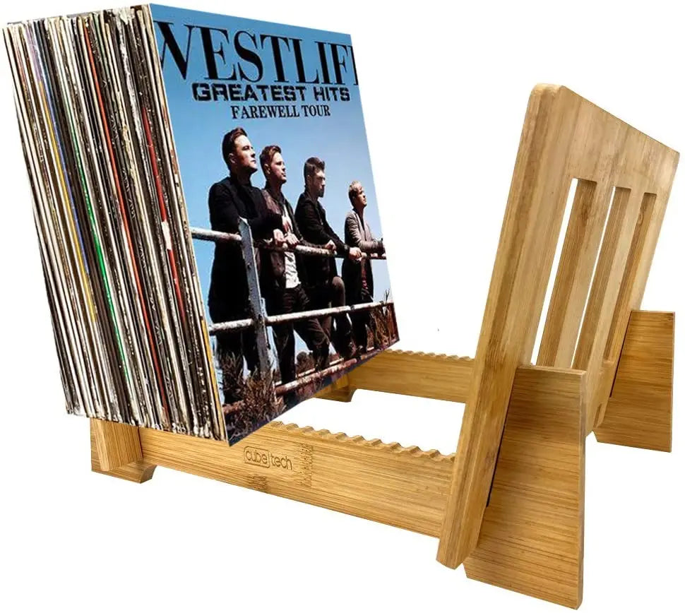 JUNJI Modern Bamboo Display Stand Vinyl Record Storage Holder for 1-50+ LP Music Albums Wall-Mounted Rack