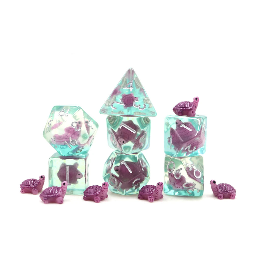 Wholesale Bulk Custom Purple Turtle Liquid Core Polyhedral RPG Game Dice Set Resin DnD Dice Green and Purple