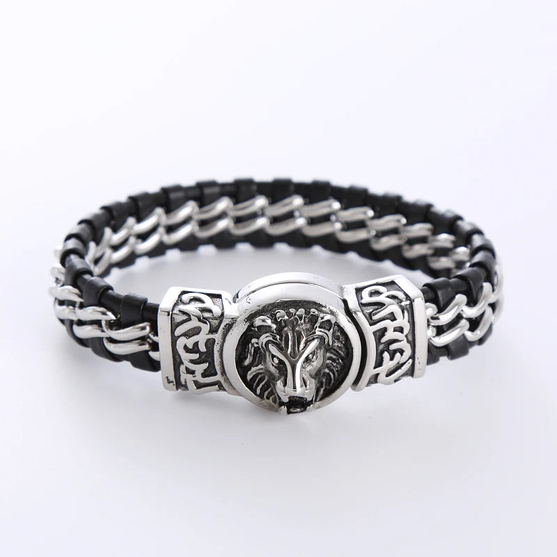 Men Luxury Custom Jewelry Stainless Steel Magnetic Clasp Braided Leather lion Head Bracelet