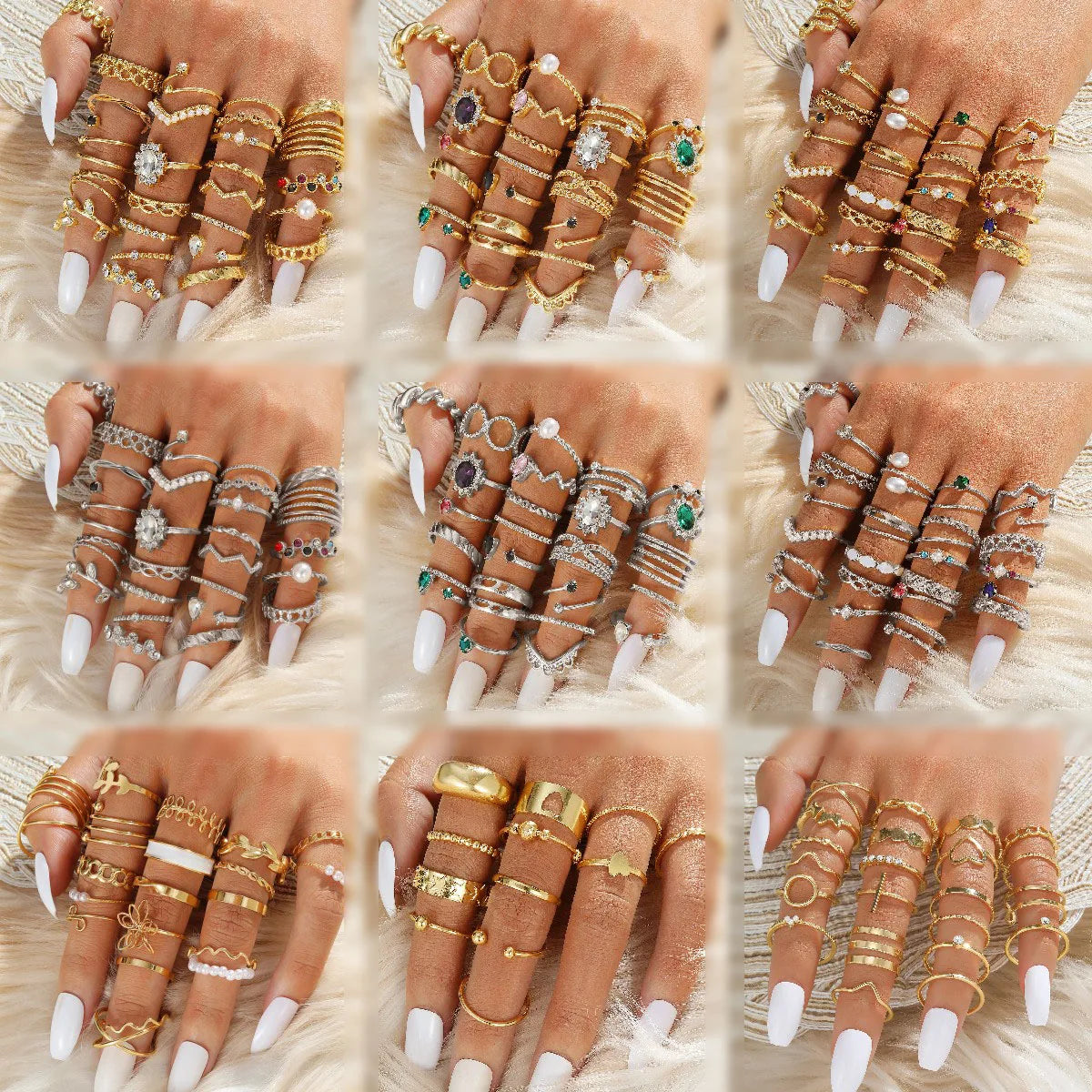 30pcs/set Fashion Geometric Gold Metal Crystal Finger Ring Set Punk Diamond Chunky Pearl Rings Set for Women Jewelry Gift