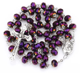 2023 Hot Sell Rosary 8*6mm Glass Cut Face Crystal Jesus Cross Christ Maria Stock Rosary Necklace